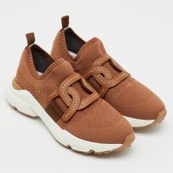 Pre Owned Tod's Brown Knit Fabric Chain Detail Kate Slip On Sneakers Size 37