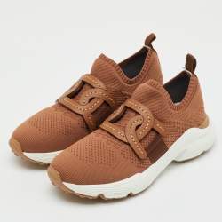 Pre Owned Tod's Brown Knit Fabric Chain Detail Kate Slip On Sneakers Size 37