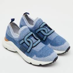 Pre Owned Tod's Blue Knit Fabric Chain Detail Kate Slip On Sneakers Size 37