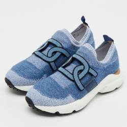 Pre Owned Tod's Blue Knit Fabric Chain Detail Kate Slip On Sneakers Size 37