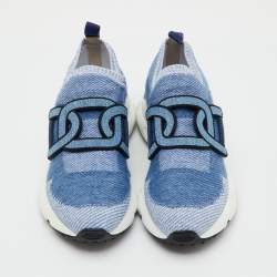 Pre Owned Tod's Blue Knit Fabric Chain Detail Kate Slip On Sneakers Size 37