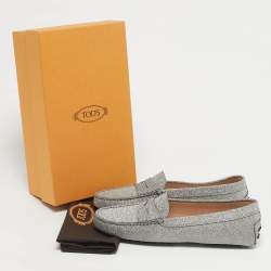 Pre Owned Tod's Silver Glitter Leather Gommini Driver Loafers Size 39