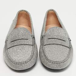 Pre Owned Tod's Silver Glitter Leather Gommini Driver Loafers Size 39