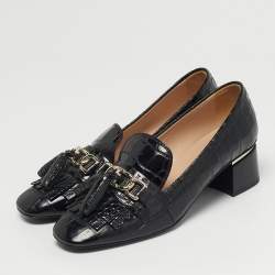 مملوكة مسبقًا حذاء كعب عالي تودز جلد تمساح أسود تفاصيل شرابة مقاس 37.5