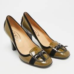 مملوكة مسبقًا Tod's Size 38 Green/Black Patent Leather and Suede Loafer Pumps