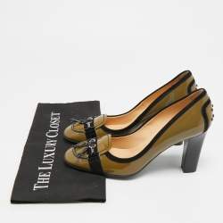 مملوكة مسبقًا Tod's Size 38 Green/Black Patent Leather and Suede Loafer Pumps