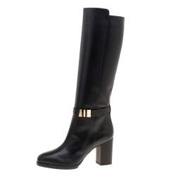 Pre Owned Tod's Black Leather Block Heel Buckle Tall Boots Size 36.5