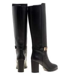 Pre Owned Tod's Black Leather Block Heel Buckle Tall Boots Size 36.5
