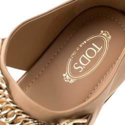 Pre Owned Tod's Beige Leather Chain Link Strap Flat Sandals Size 39.5