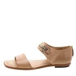 Pre Owned Tod's Beige Leather Chain Link Strap Flat Sandals Size 39.5