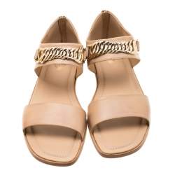 Pre Owned Tod's Beige Leather Chain Link Strap Flat Sandals Size 39.5