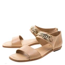 Pre Owned Tod's Beige Leather Chain Link Strap Flat Sandals Size 39.5