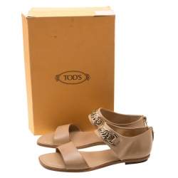 Pre Owned Tod's Beige Leather Chain Link Strap Flat Sandals Size 39.5