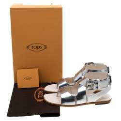 Tod's Metallic Silver Leather Cross Strap Flat Sandals Size 39