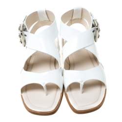 Pre Owned Tod's White Patent Leather Cross Strap Flat Sandals Size 37