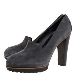 Pre Owned Tod's Grey Suede Leather Block Heel Pumps Size 40