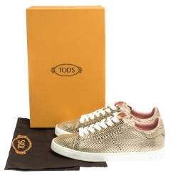 Pre Owned Tod's Metallic Gold Woven And Perforated Leather Low Top Lace Up Sneakers Size 37