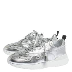 Pre Owned Tod's Metallic Sliver Perforated Leather Low Top Sneakers Size 39.5