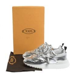 Pre Owned Tod's Metallic Sliver Perforated Leather Low Top Sneakers Size 39.5