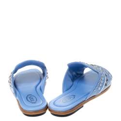 Pre Owned Tod's Blue Leather Studded Flat Slides Size 37.5