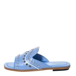Pre Owned Tod's Blue Leather Studded Flat Slides Size 37.5
