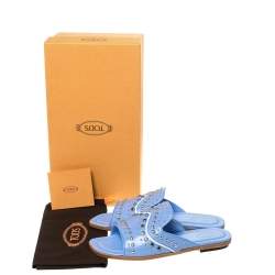 Pre Owned Tod's Blue Leather Studded Flat Slides Size 37.5