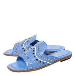 Pre Owned Tod's Blue Leather Studded Flat Slides Size 37.5