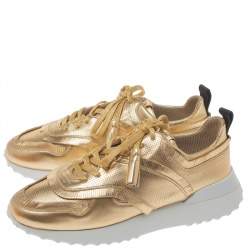 Pre Owned Tod's Metallic Gold Perforated Leather Tassel Lace Low Top Sneakers Size 39