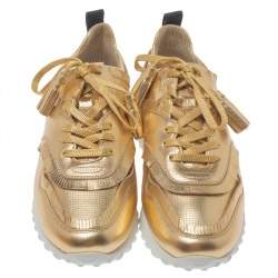 Pre Owned Tod's Metallic Gold Perforated Leather Tassel Lace Low Top Sneakers Size 39