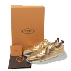 Pre Owned Tod's Metallic Gold Perforated Leather Tassel Lace Low Top Sneakers Size 39