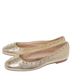 Pre Owned Tod's Metallic Gold Leather Studded Ballet Flats Size 37.5