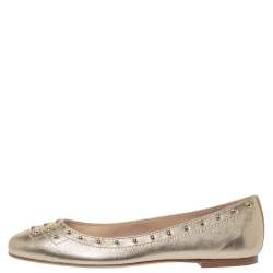 Pre Owned Tod's Metallic Gold Leather Studded Ballet Flats Size 37.5