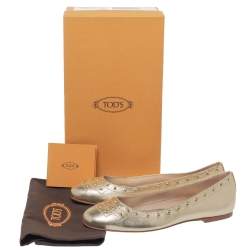 Pre Owned Tod's Metallic Gold Leather Studded Ballet Flats Size 37.5