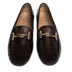 Pre Owned Tod's Metallic Brown Python Leather Double T Loafers Size 39
