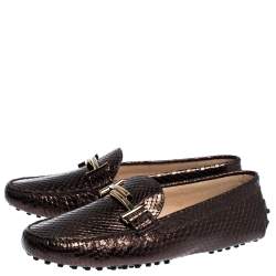 Pre Owned Tod's Metallic Brown Python Leather Double T Loafers Size 39