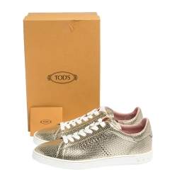 Pre Owned Tod's Metallic Gold Woven And Perforated Leather Low Top Lace Up Sneakers Size 39.5