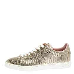 Pre Owned Tod's Metallic Gold Woven And Perforated Leather Low Top Lace Up Sneakers Size 39.5