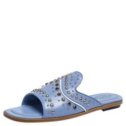 Pre Owned Tod's Blue Leather Studded Flat Slides Size 37.5