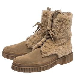 Pre Owned Tod's Beige Suede Leather And Shearling Fur Ankle Boots Size 38.5