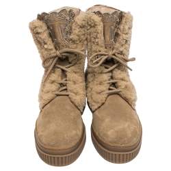 Pre Owned Tod's Beige Suede Leather And Shearling Fur Ankle Boots Size 38.5