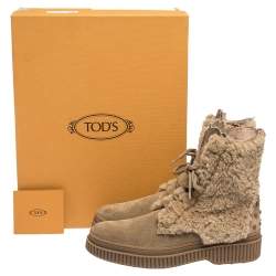 Pre Owned Tod's Beige Suede Leather And Shearling Fur Ankle Boots Size 38.5