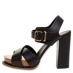 Pre Owned Tod's Black Leather Platform Ankle Strap Sandals Size 36.5