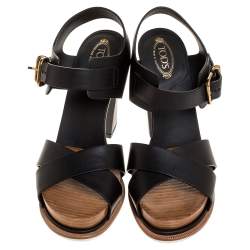 Pre Owned Tod's Black Leather Platform Ankle Strap Sandals Size 36.5
