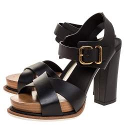 Pre Owned Tod's Black Leather Platform Ankle Strap Sandals Size 36.5