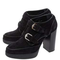 Pre Owned Tod's Black Suede Double Buckle Platform Booties Size 37
