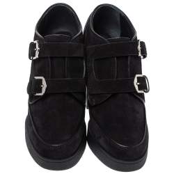 Pre Owned Tod's Black Suede Double Buckle Platform Booties Size 37