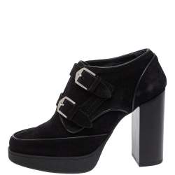 Pre Owned Tod's Black Suede Double Buckle Platform Booties Size 37
