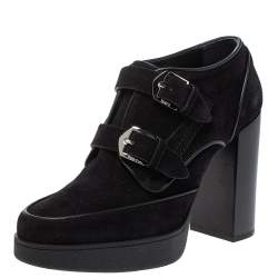 Pre Owned Tod's Black Suede Double Buckle Platform Booties Size 37