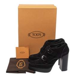 Tod's Black Suede Leather Buckle Detail Platform Booties Size 38.5