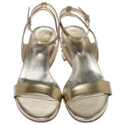 Pre Owned Tod's Gold Patent Leather Studded Heel Ankle Strap Sandals Size 39.5